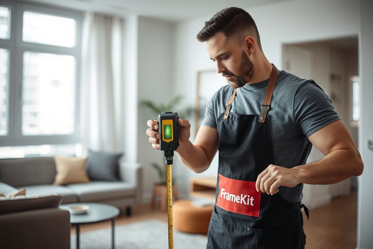Замерщик FrameKit проводит обмеры помещения лазерной рулеткой